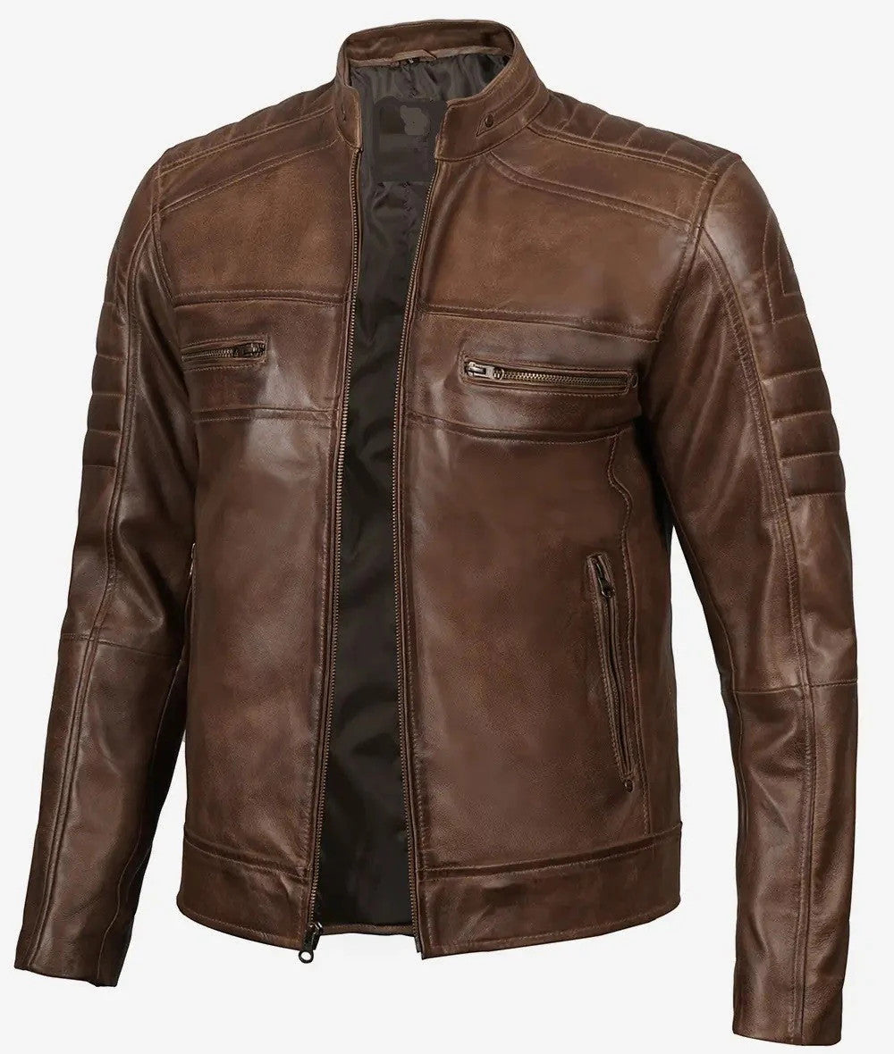 Lowridge Mens Distressed Coffee Brown Café Racer Leather Jacket